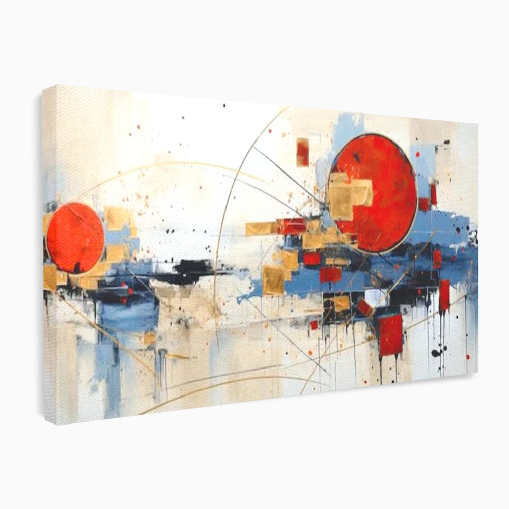 Tablou canvas cu tablou abstract cu cerc rosu si linii, fara rama, pe sasiu de lemn